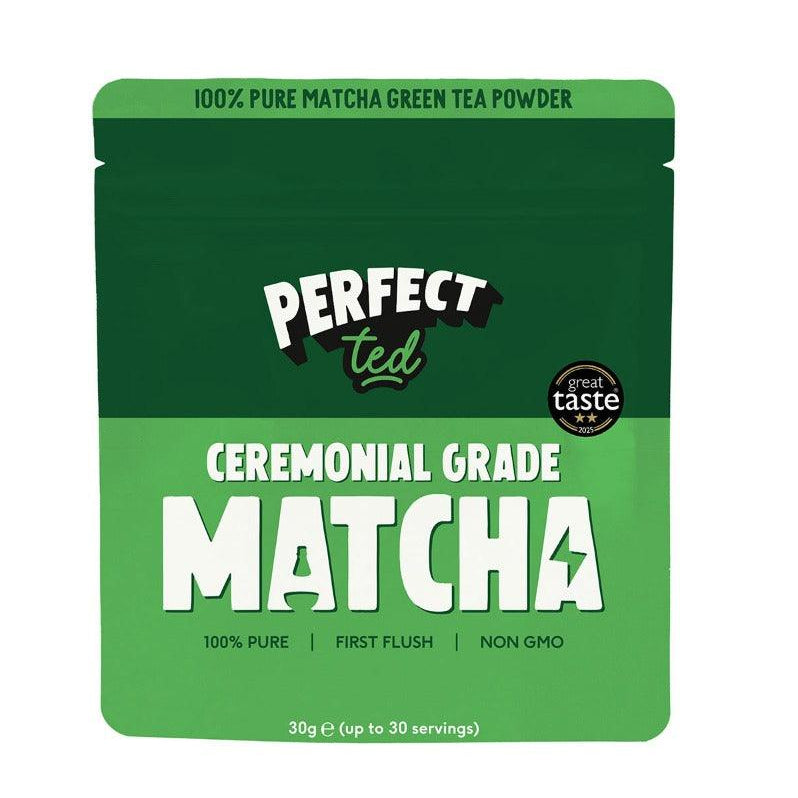 Herbalistas PerfectTed BIO ceremonial grade matcha powder in a 30g package, vibrant green matcha with a smooth, fine texture.