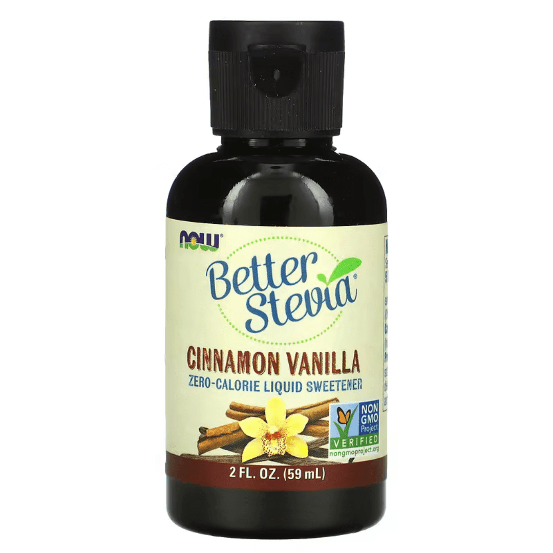 MKSTAVRINOS NOW Foods Better Stevia zero-calorie liquid sweetener in 2 fl oz bottle, with a clear dropper cap and label.