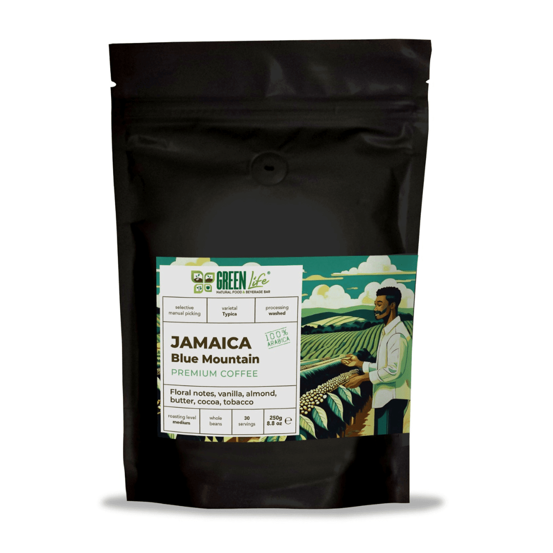 Green Life Premium Jamaica Blue Mountain Coffee bag by LA TOSTERIA, 250g, with vibrant packaging and coffee beans visible.
