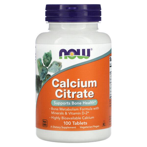 MKSTAVRINOS NOW Foods Calcium Citrate supplement bottle with 100 tablets, showing the label and product packaging.