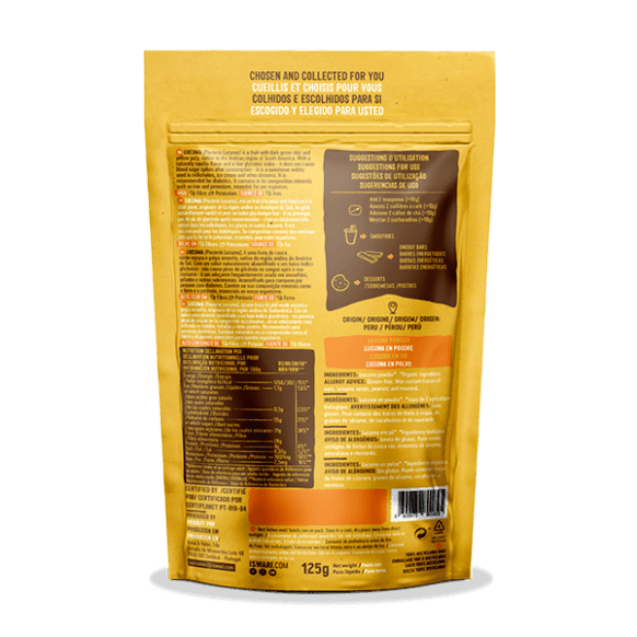 Old Products BIO Lucuma Powder 125g, organic energy supplement in a resealable package with product label and brand logo visible.