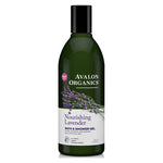 Nourishing lavender bath and shower gel in 12 fl oz bottle by Avalon Organics, with lavender flowers and clear gel visible.