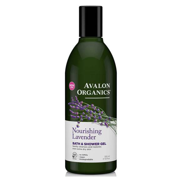 Nourishing lavender bath and shower gel in 12 fl oz bottle by Avalon Organics, with lavender flowers and clear gel visible.