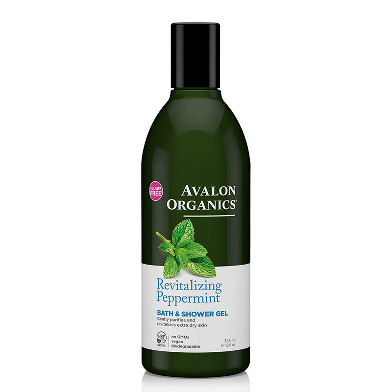 Revitalizing peppermint bath and shower gel in 12 fl oz bottle by Avalon Organics, featuring fresh mint scent and refreshing formula.