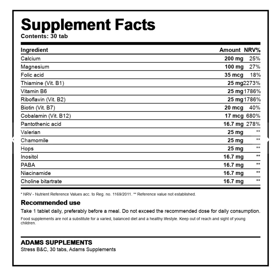 Adams Supplements Stress B&C 30 Tablets | 1 tablet per serving | 30 servings per pack