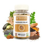 Bottle of Strength & Spices Psoriasis Relief 1000mg supplement capsules, with label showing product details and branding.