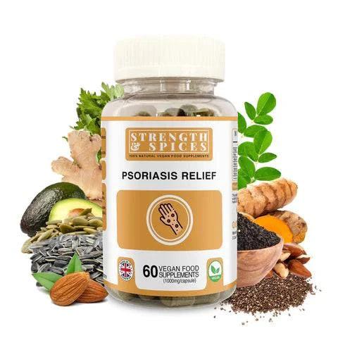 Bottle of Strength & Spices Psoriasis Relief 1000mg supplement capsules, with label showing product details and branding.