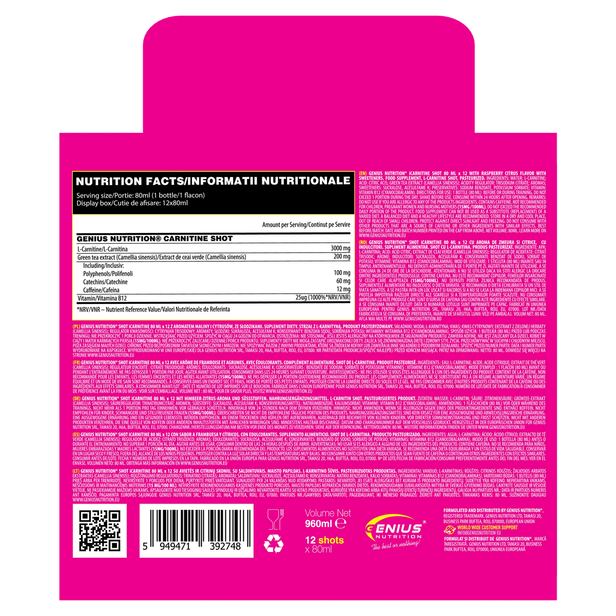 Genius Nutrition Carnitine Shot 80ml supplement bottle with label, designed for energy and fat metabolism support