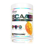 Genius Nutrition BCAA-X5 supplement in mango flavor, 360g jar with 26 servings, showing the product container and flavor label.