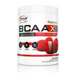 Genius Nutrition BCAA-X5 supplement in lychee flavor, 360g container with 26 servings, showing the product packaging.