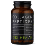 Herbalistas Kiki Health grass fed collagen peptides supplement in a bottle of 150 vegicaps with a natural health theme.
