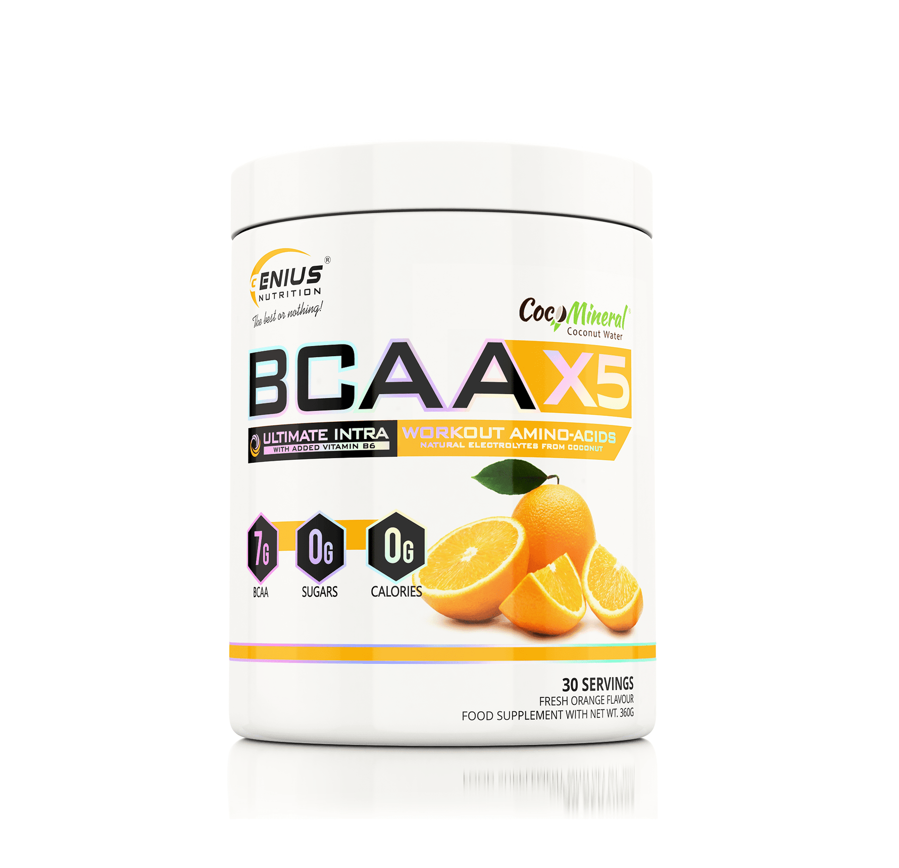 Genius Nutrition BCAA-X5 supplement in 360g orange flavor, showing the container with label and orange accents.