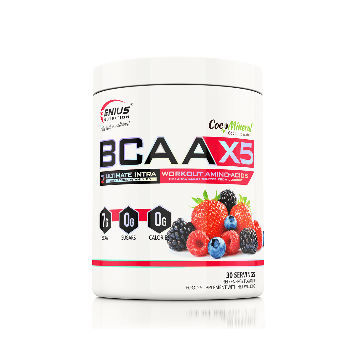 Genius Nutrition BCAA-X5 supplement in 360g red energy flavor, showing the container with the label and product branding.
