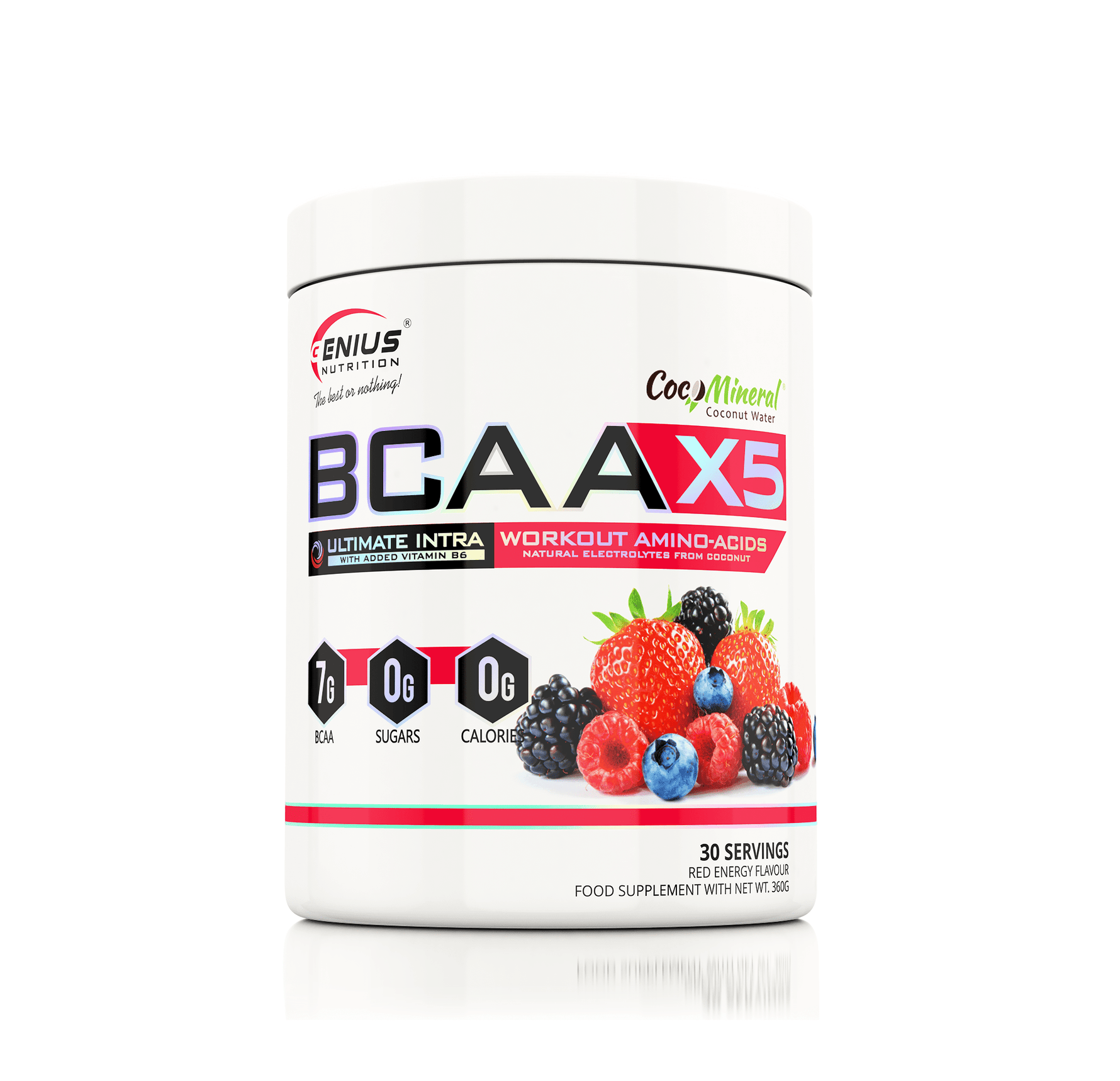 Genius Nutrition BCAA-X5 supplement in 360g red energy flavor, showing the container with the label and product branding.
