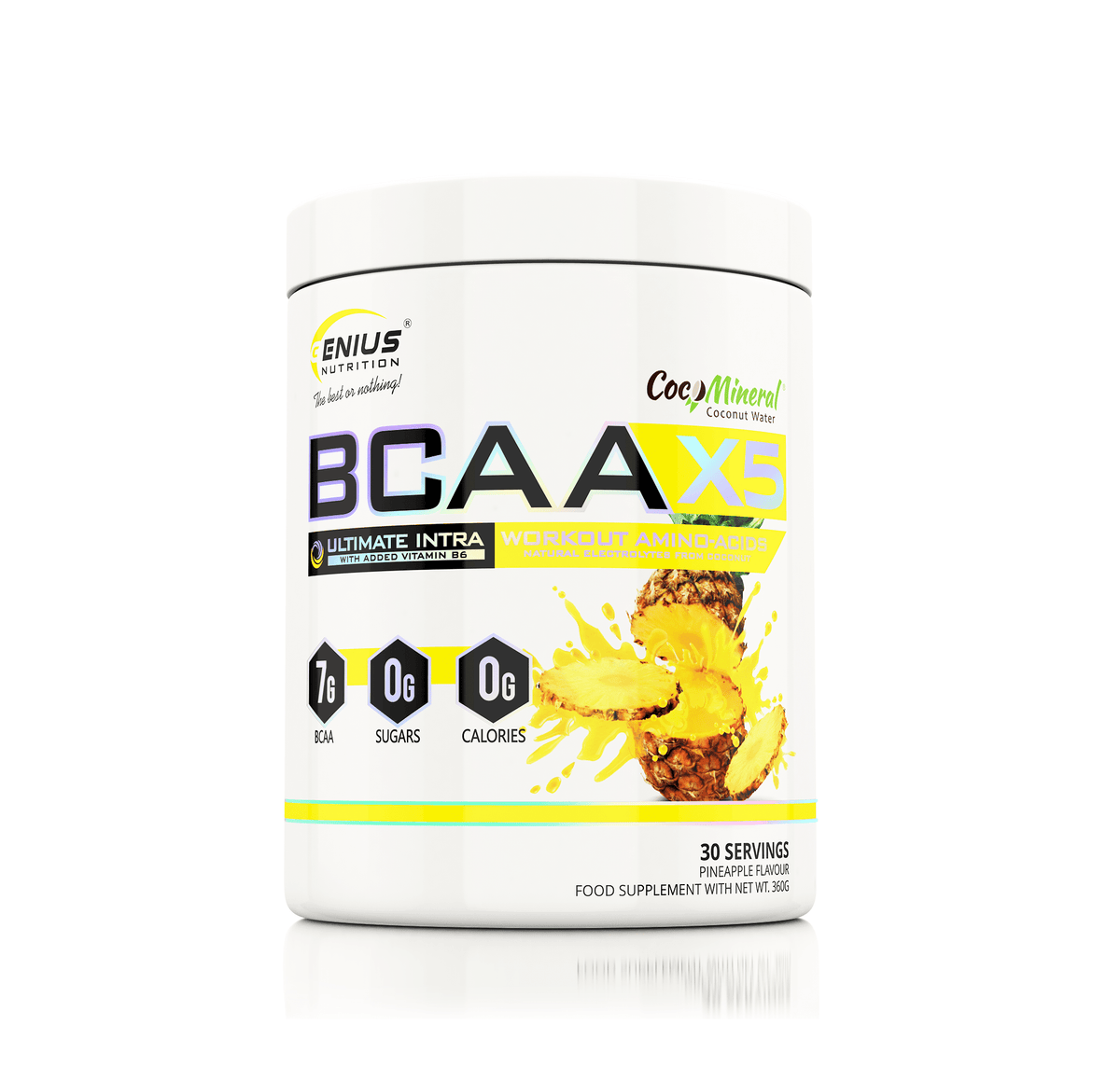 Genius Nutrition BCAA-X5 supplement in 360g pineapple flavor, featuring essential amino acids for muscle recovery and hydration.