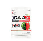 Genius Nutrition BCAA-X5 supplement in watermelon flavor, 360g jar with 26 servings, showing the product label and scoop.