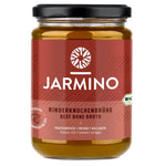 Jarmino organic beef bone broth in a 350ml jar, rich in collagen and nutrients, served in a clear glass jar.
