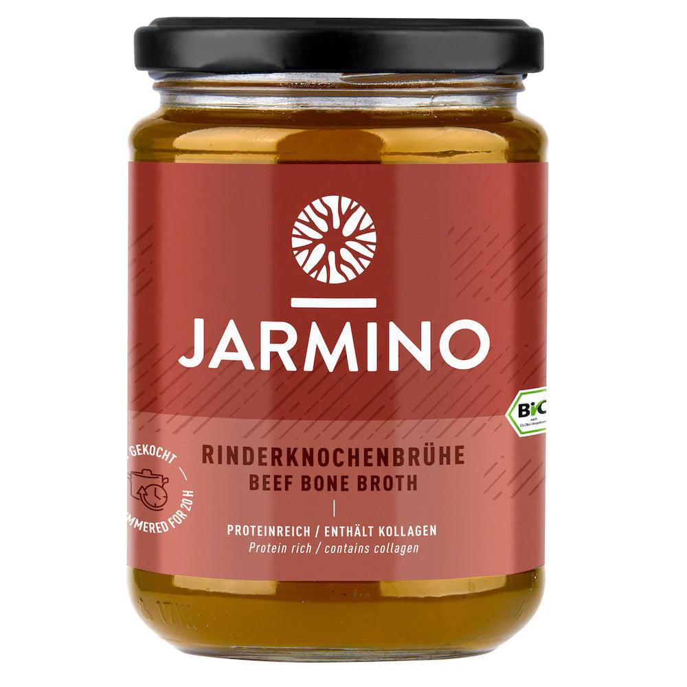 Jarmino organic beef bone broth in a 350ml jar, rich in collagen and nutrients, served in a clear glass jar.