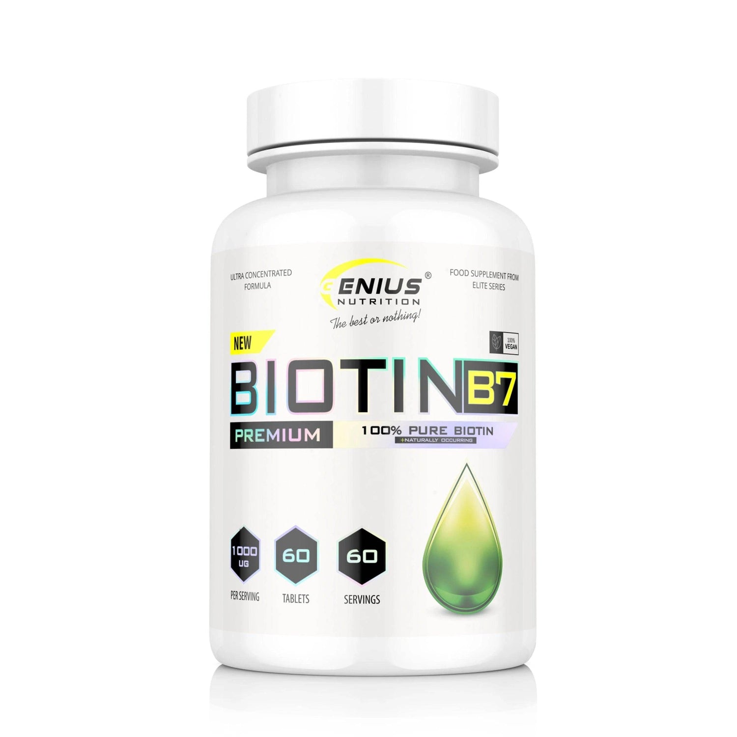 Genius Nutrition Biotin B7 supplement bottle with 60 tablets, close-up of label showing product details.