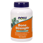 MKSTAVRINOS NOW Foods Bone Strength supplement bottle with 120 capsules, featuring white and blue label design.