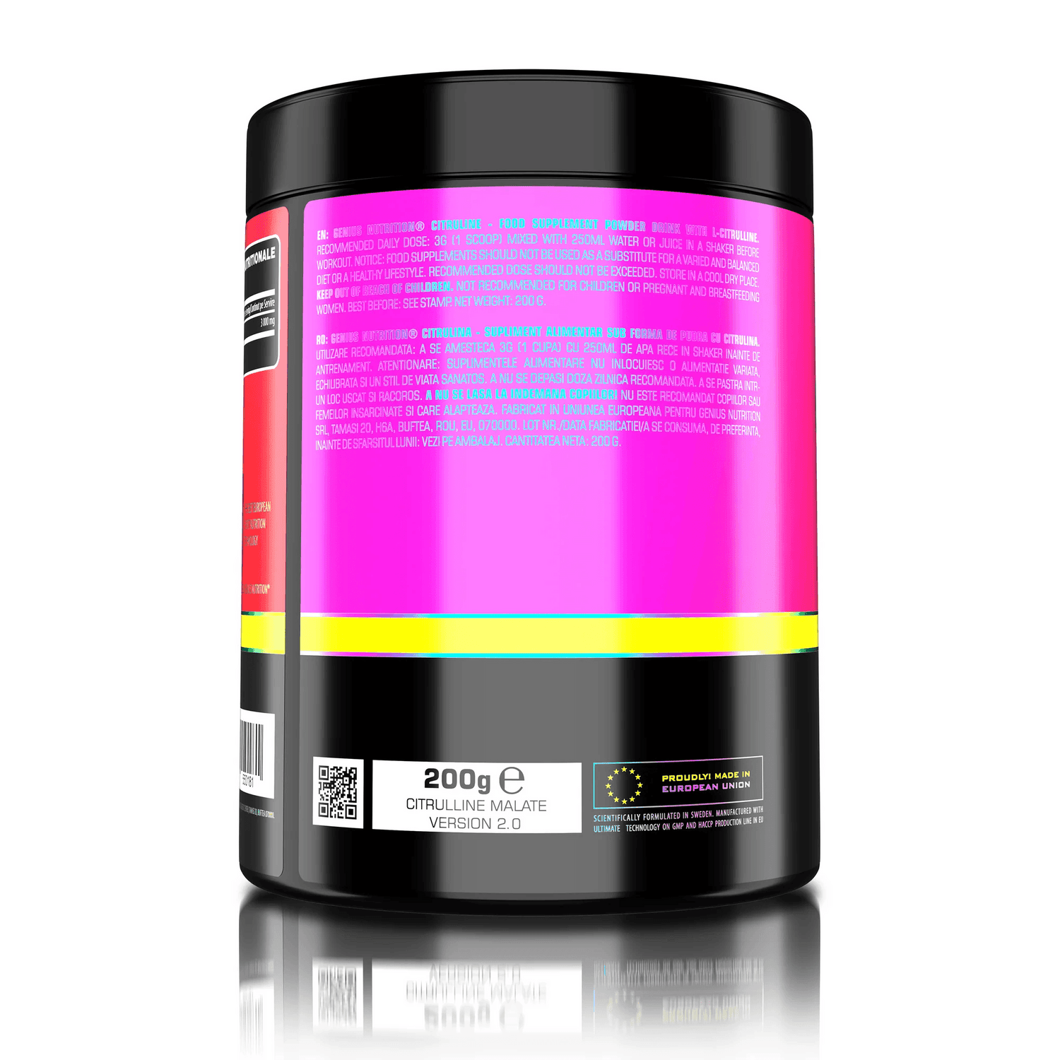 Unflavored Citruline supplement by Genius Nutrition in a 200g container, showing the label and product packaging.