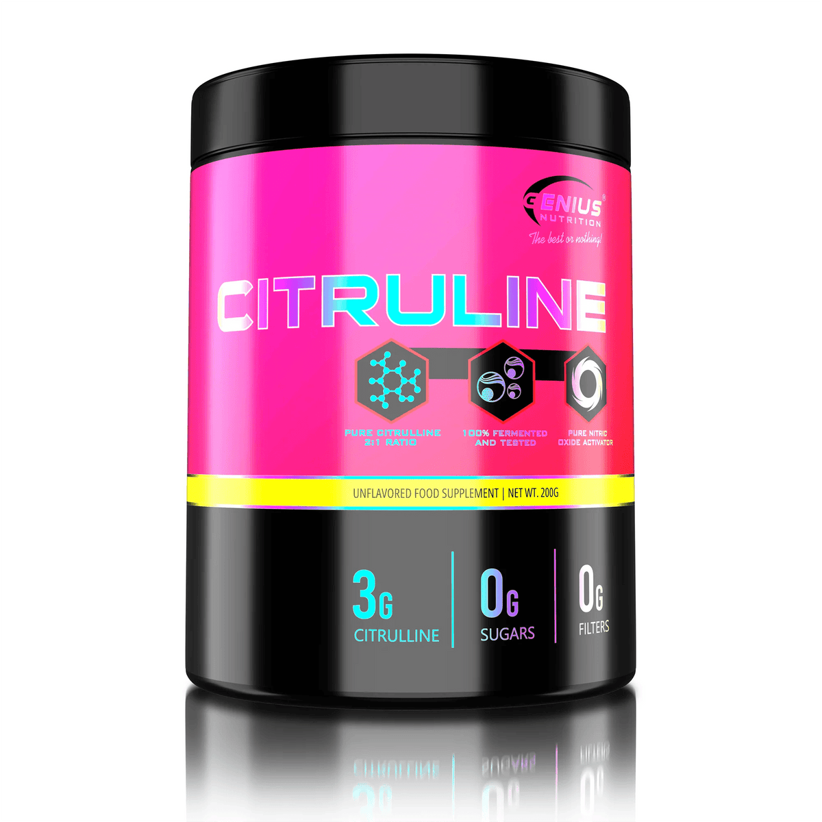 Unflavored Citruline supplement from Genius Nutrition in 200g container, showing the powder and product label.