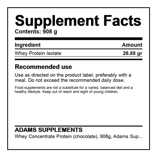 ADAMS SUPPLEMENTS Whey Concentrate Protein chocolate flavor, 908 g tub front view