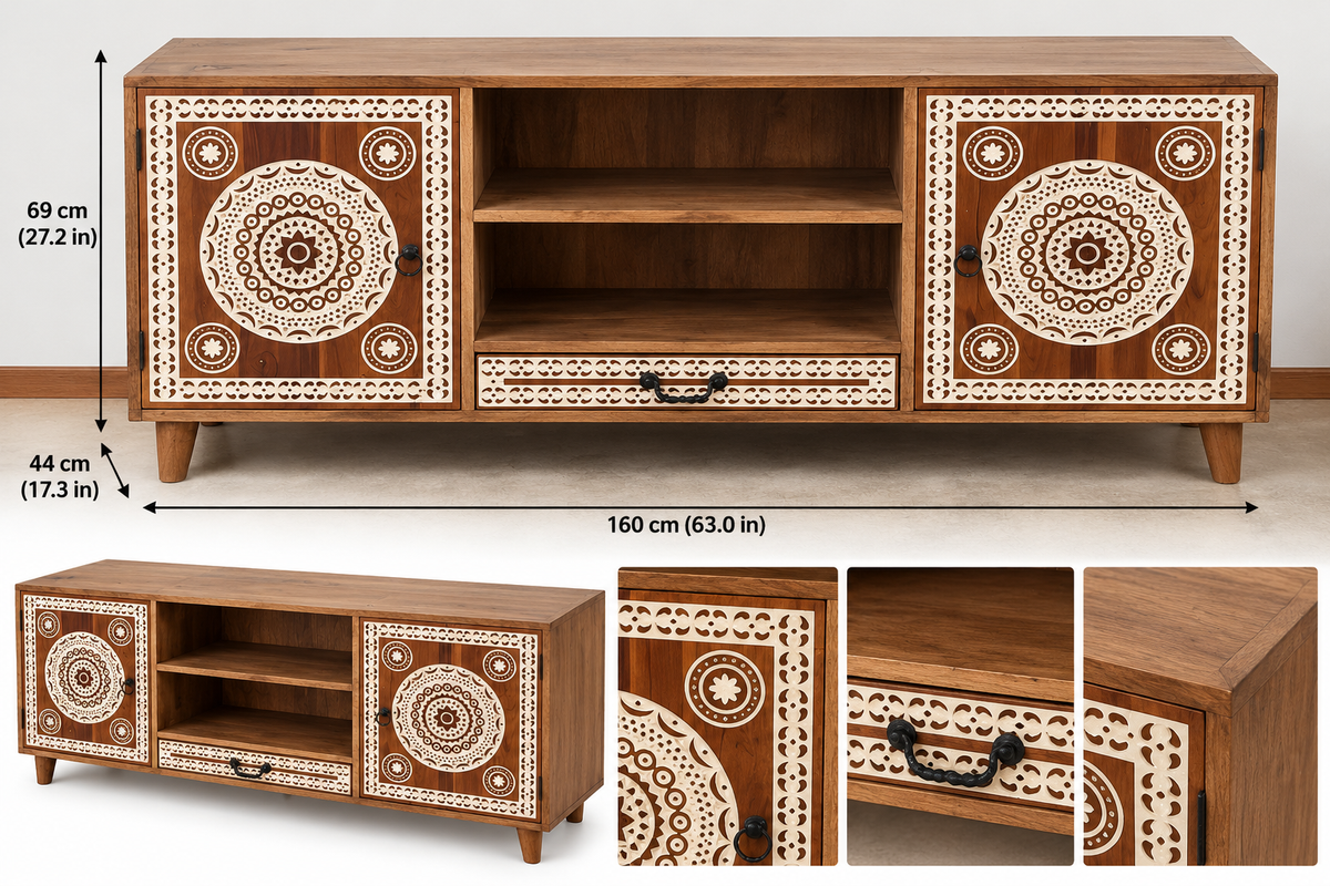 Hand-carved white wooden TV cabinet with mandala design, 2 doors, open shelves, ideal for modern home decor.