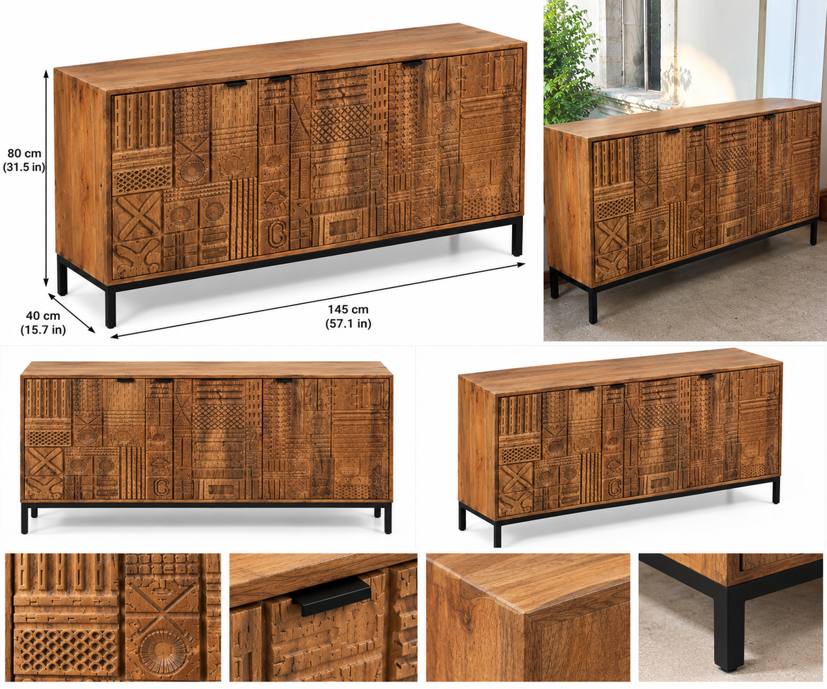 Hand-carved wooden sideboard cabinet with geometric design, mango wood finish, black metal legs, used as home decor storage.