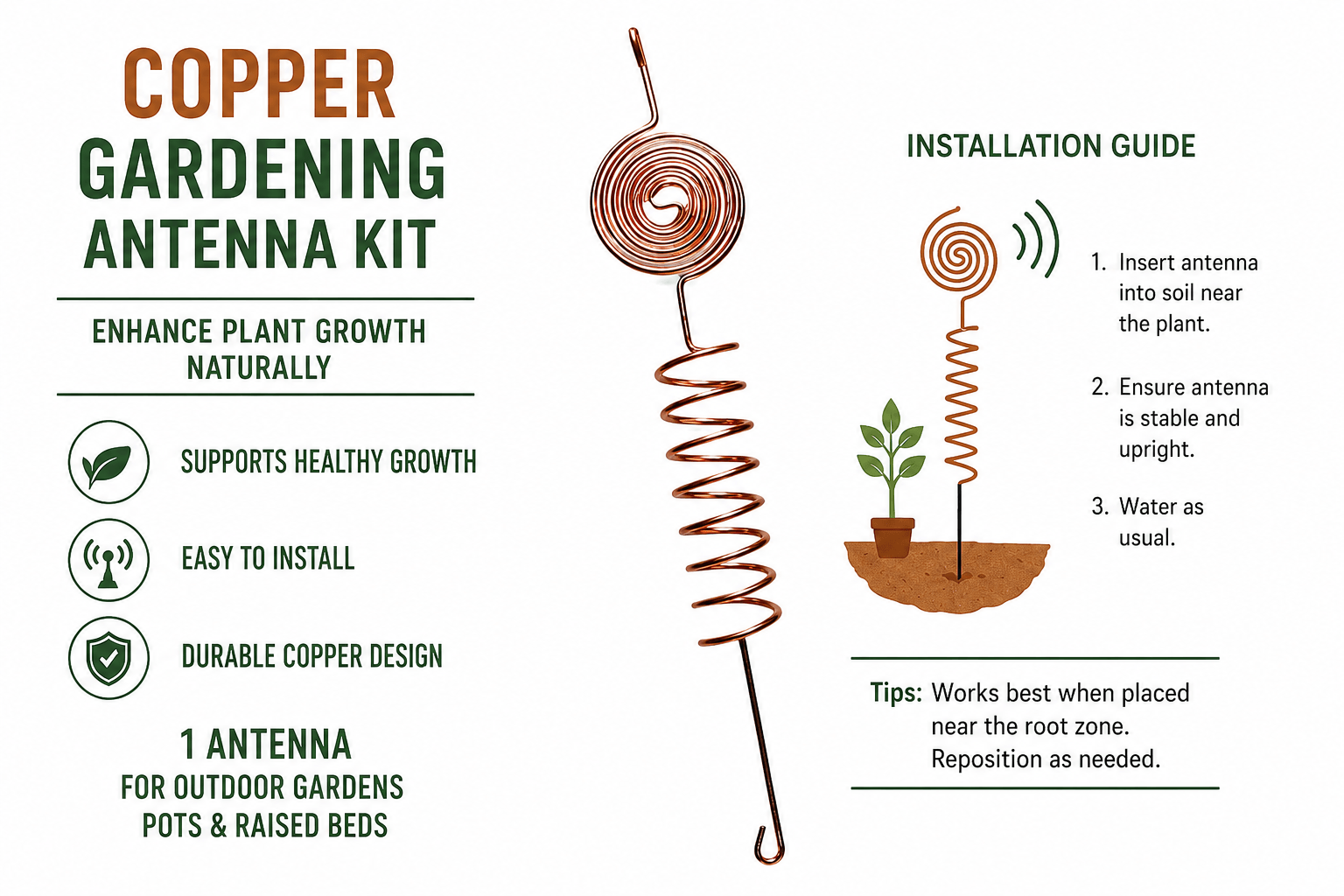 Electroplated copper gardening antenna kit from TEMU featuring copper components and assembly parts for outdoor use.