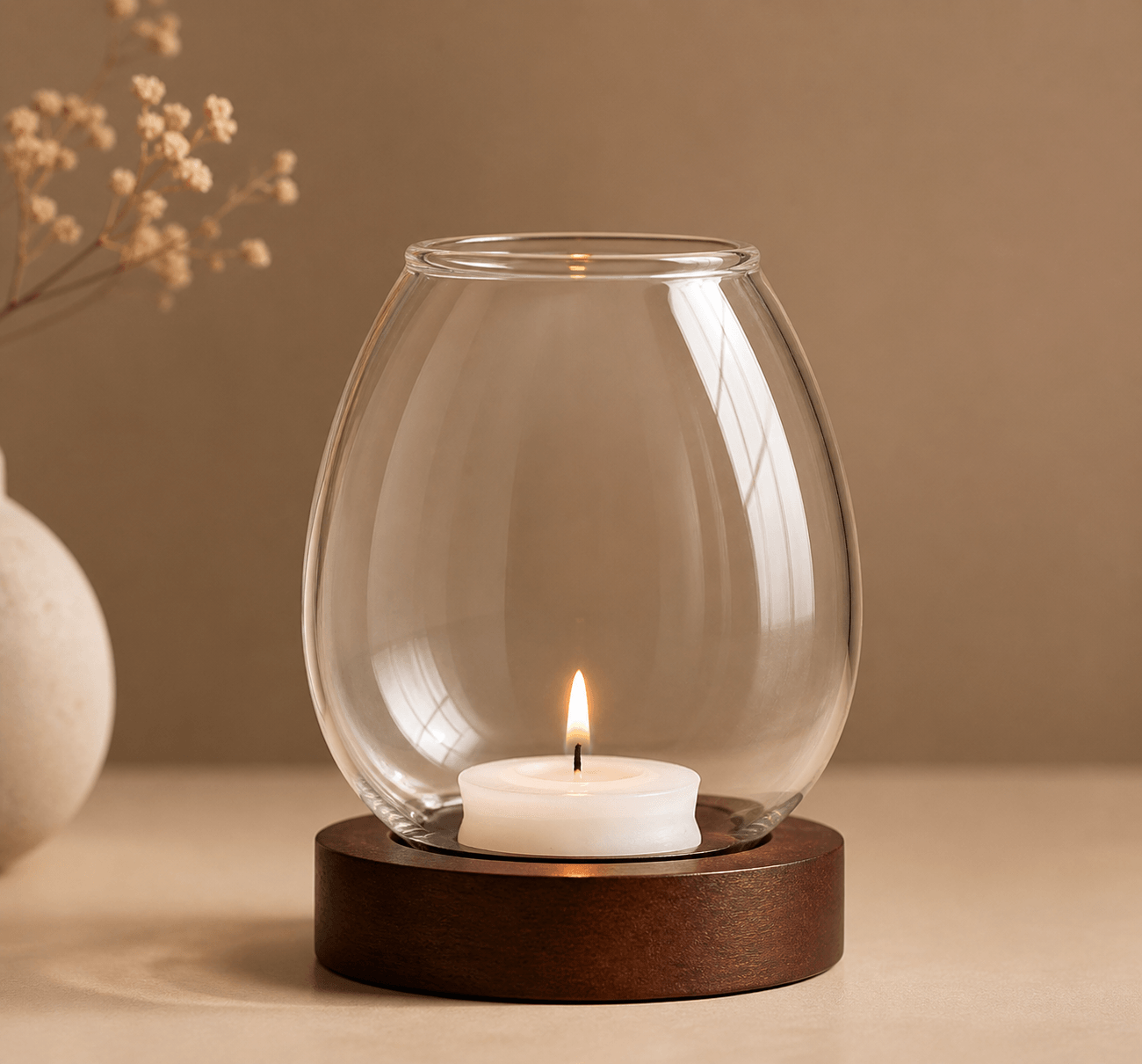 Elegant glass candlestick holder by TEMU, windproof design with a sleek, clear finish for decorative candle display.