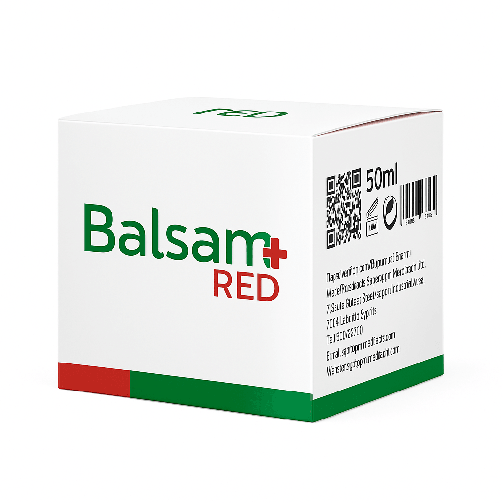 Eptagon Balsam+ RED herbal relief cream jar with red and white packaging, 50ml tube for soothing, intensive herbal skincare.