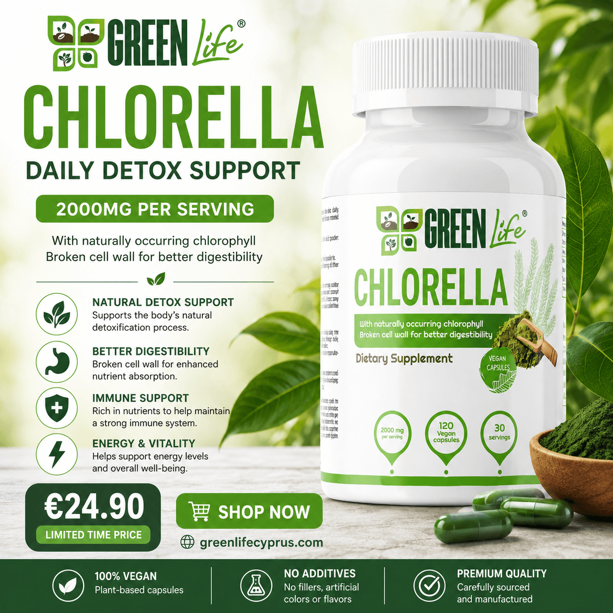 Green Life Cypruss Green Life Chlorella vegan capsules for daily detox, 2000mg, 120 capsules, 30 servings, natural supplement