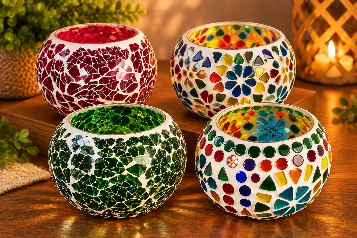 Colorful handmade Indian mosaic tealight candle holders from GREEN LIFE WORLD, set of 4, decorative home decor accents.