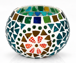 Colorful rainbow jewel mosaic tealight candle holder showcasing vibrant glass tiles, ideal for home decor by GREEN LIFE WORLD.