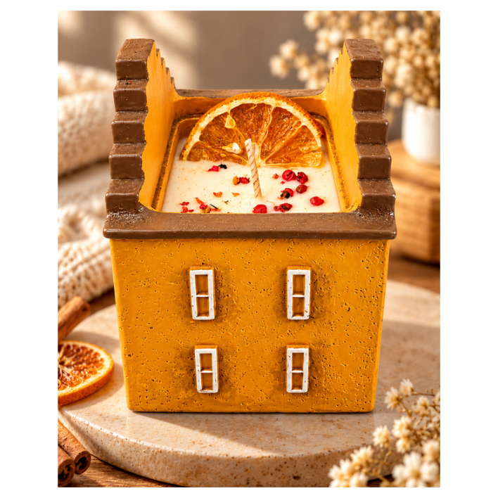 Velarte Little Haven handmade house candle in golden amber, showcasing a cozy, decorative candle with warm amber tones.