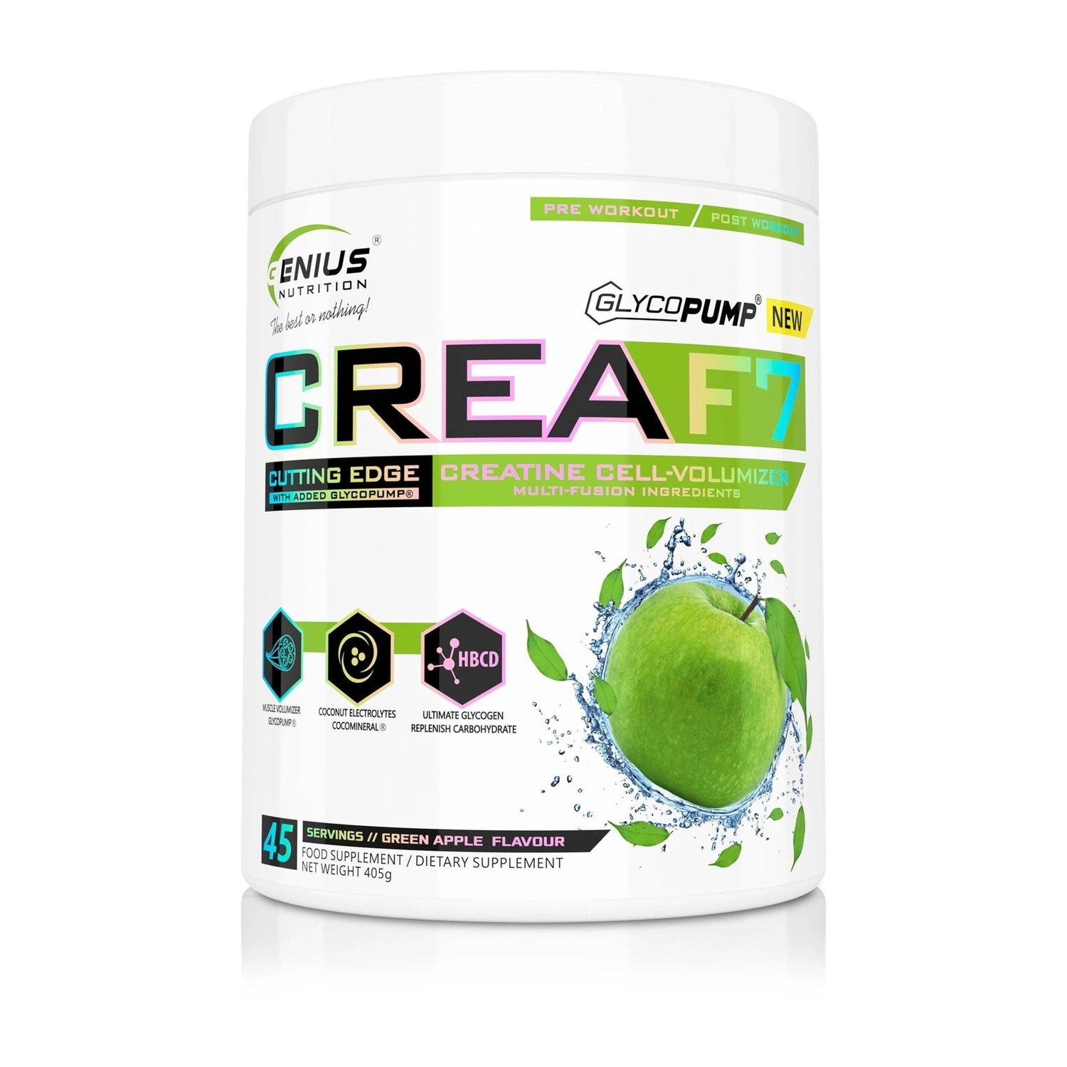 Genius Nutrition CreaF7 supplement in green apple flavor, 405g container with 45 servings of creatine supplement.