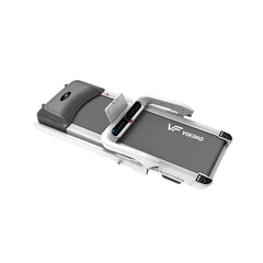 Green Life World D-12 Smart Folding Treadmill folded for space-saving storage, showcasing compact design and digital control panel.