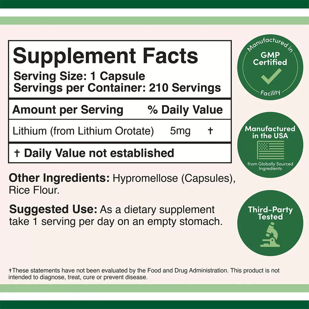 Double Wood Supplements Lithium Orotate 210 Capsules | 1 Capsule Per Serving | 210 servings
