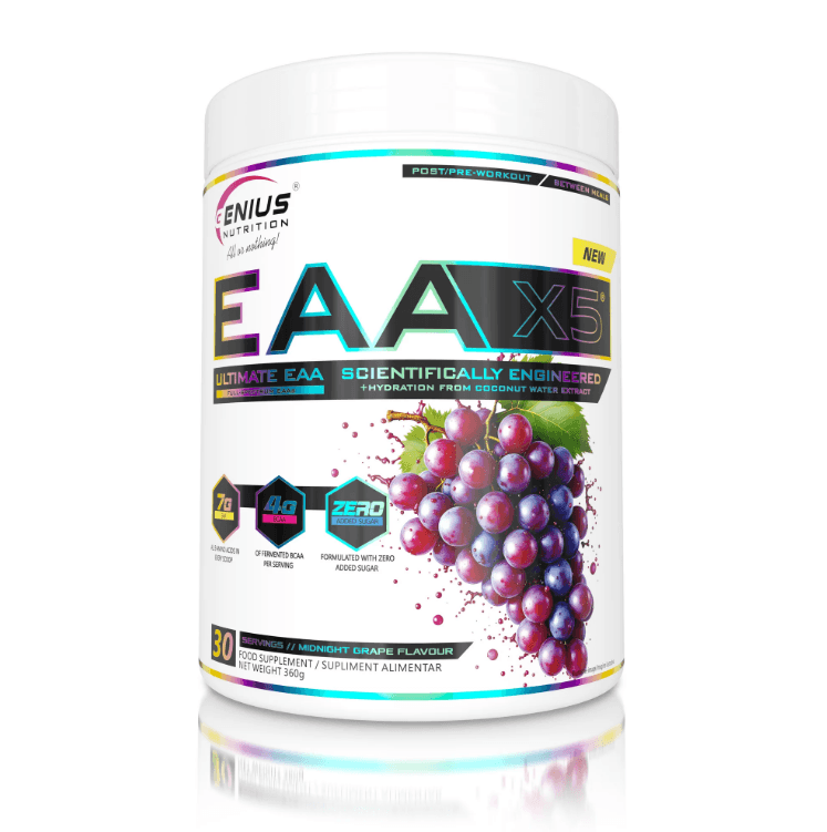 Genius Nutrition EAA-X5 supplement in 360g grape flavor, featuring a container of amino acid powder with a purple label.