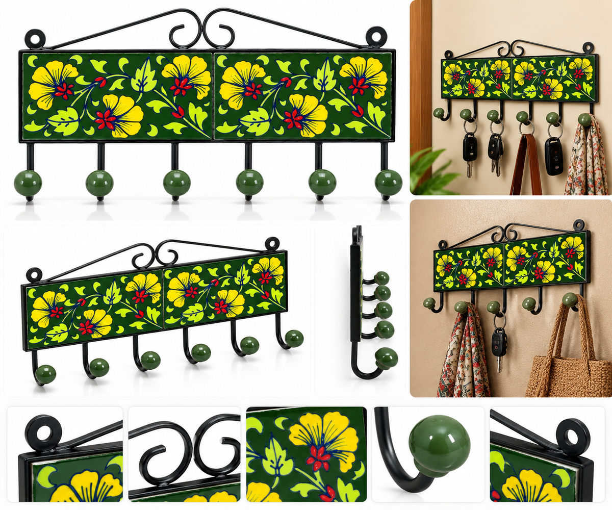 Hand-painted green floral wall rack with six hooks, ideal for home decor and organization, by GREEN LIFE WORLD.