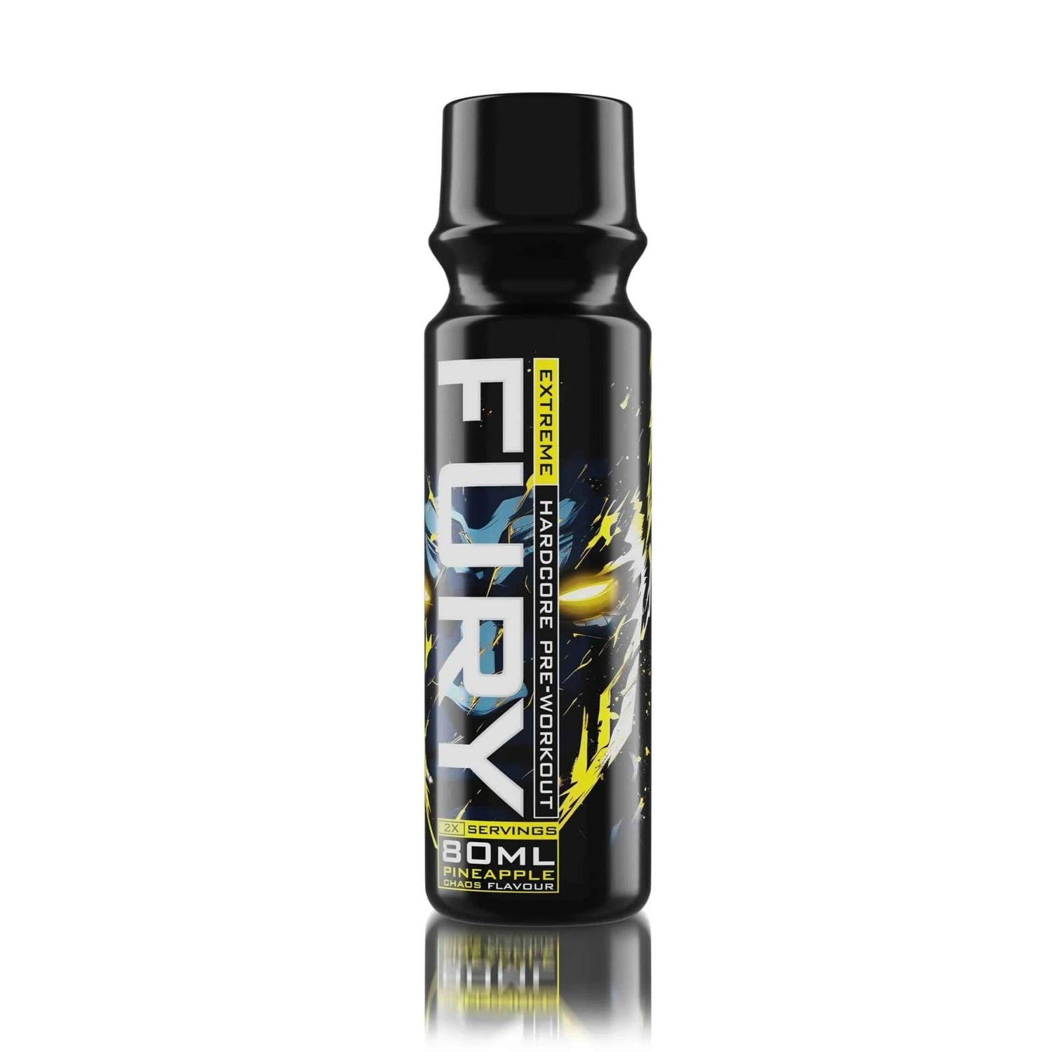 Genius Nutrition Fury Extreme Shot 80ml energy drink with pineapple flavor, featuring a small, sleek bottle with vibrant label design.