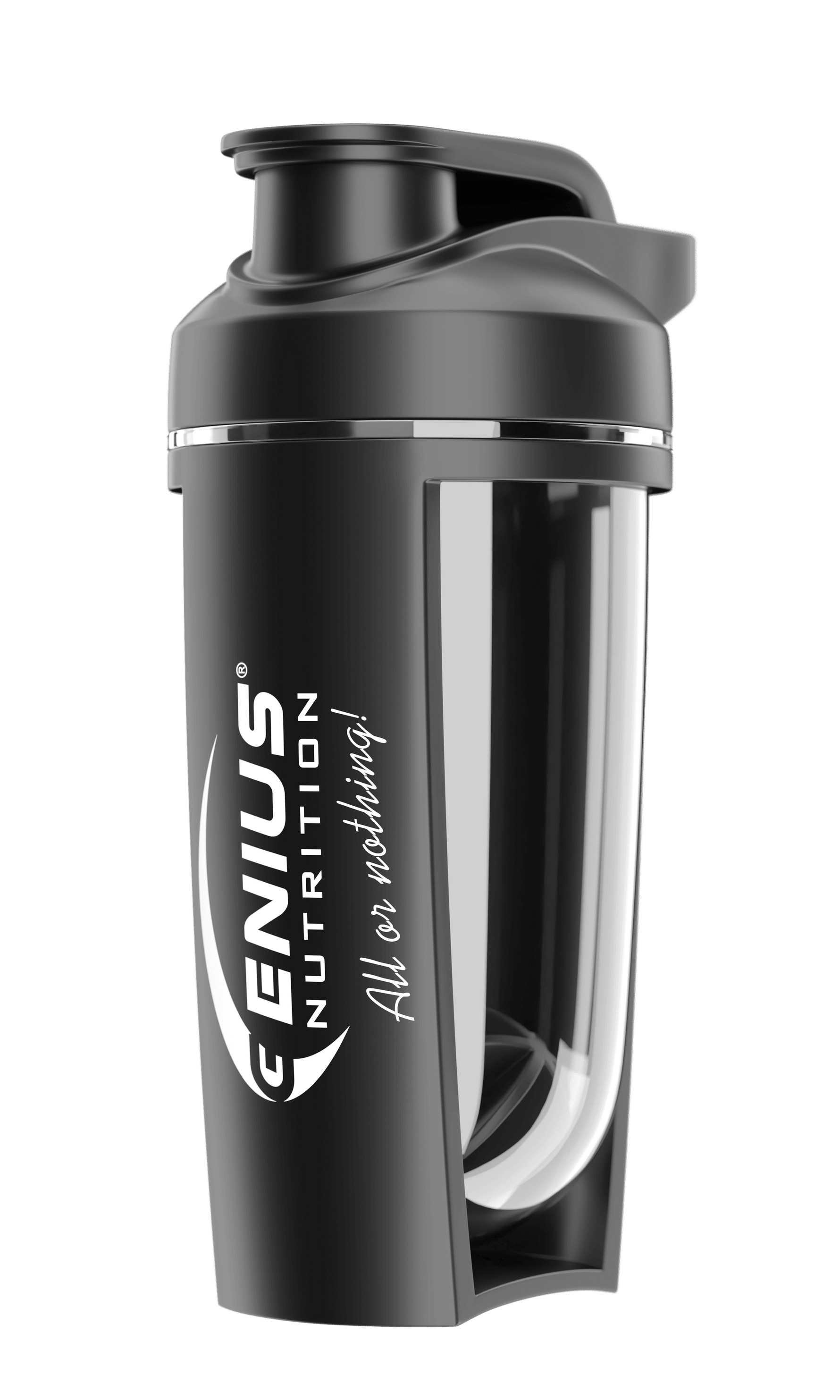 Black G-Shaker 500ml from Genius Nutrition, a sleek accessory with a secure lid and mixing ball for protein shakes and smoothies.