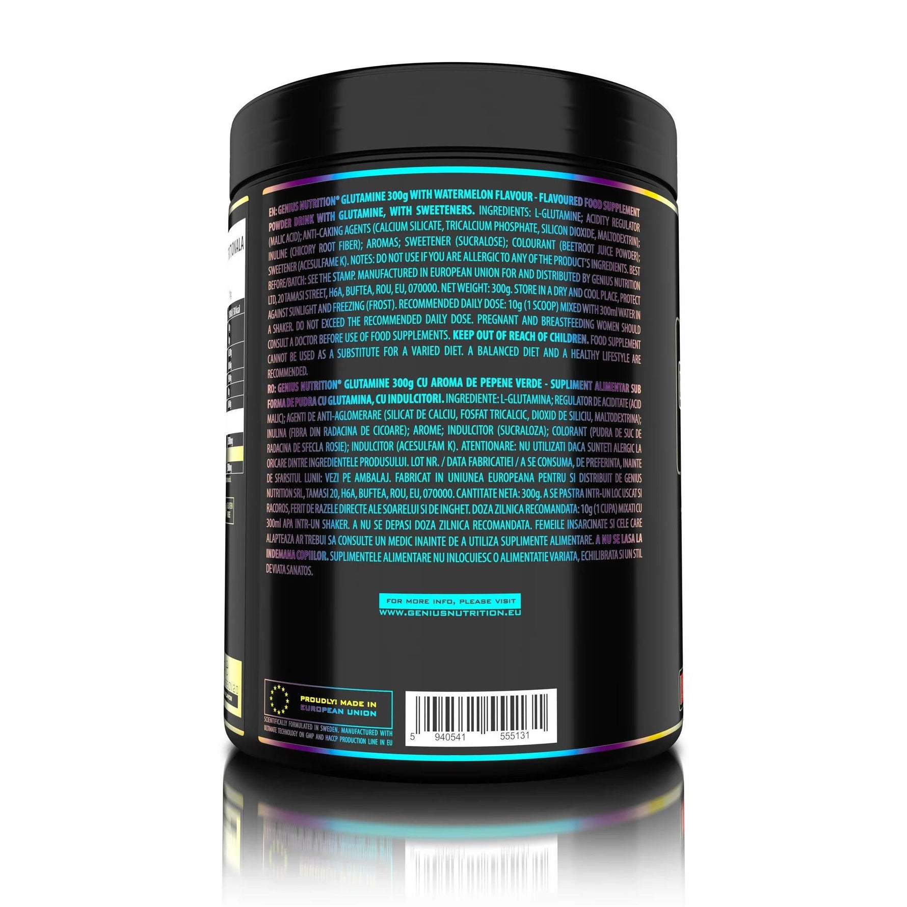 Genius Nutrition Glutamine supplement in 300g watermelon flavor container, showing the product label and scoop inside.