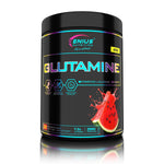 Genius Nutrition Glutamine supplement in 300g watermelon flavor, featuring powder with 30 servings in a resealable bag.