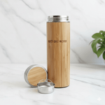 Old Products bamboo and stainless steel tumbler with earth and ocean design, 400 ml thermos for hot and cold drinks, drink accessory.