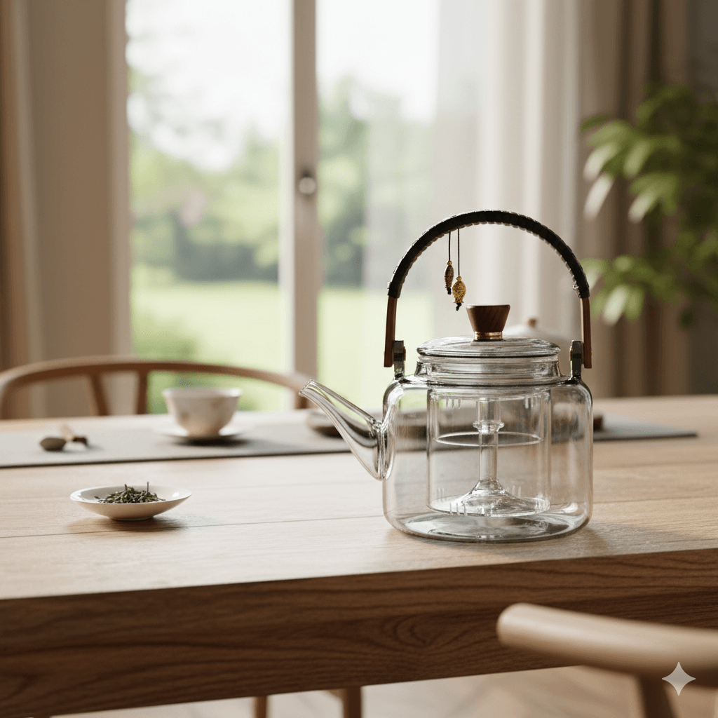Glass infuser teapot with steamer system in charcoal, 1000ml capacity, featuring a sleek design and infusing basket for tea brewing.