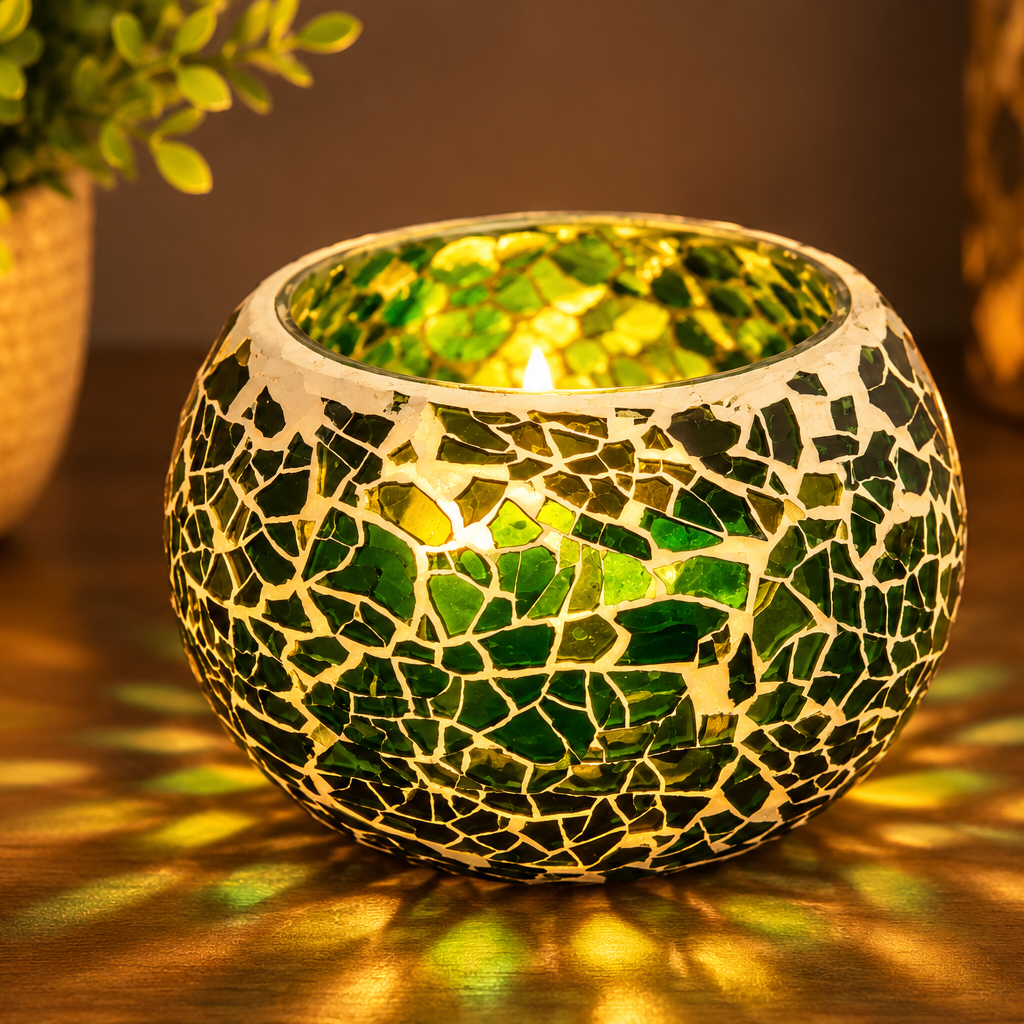 Emerald glow mosaic tealight candle holder from GREEN LIFE WORLD, decorative home decor with glowing green mosaic design.