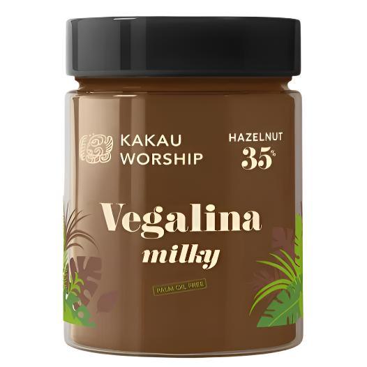Kakau Worship Vegalina Milky hazelnut spread jar, 350g, with creamy texture and hazelnut flavor.