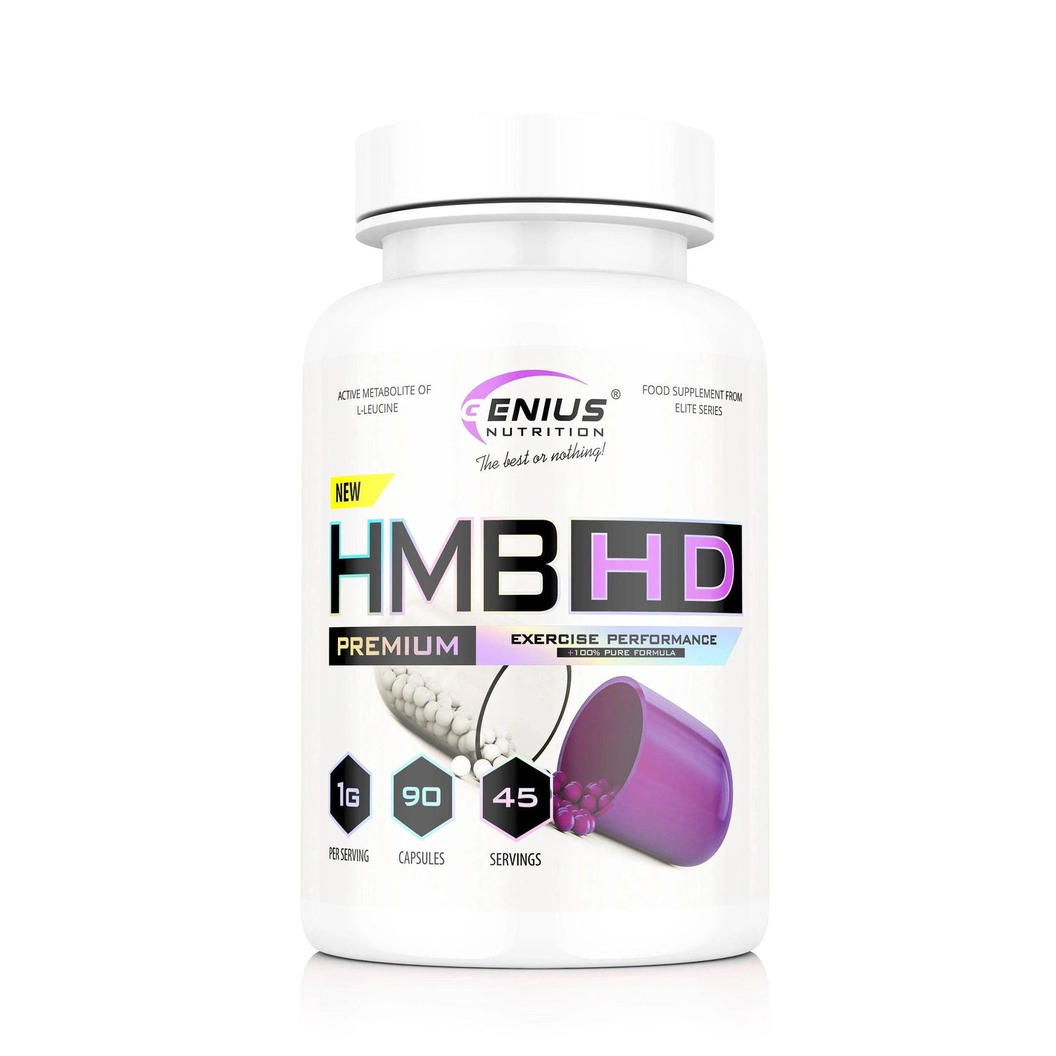 Genius Nutrition HMB-HD supplement bottle with 90 capsules, designed to support muscle health and recovery.